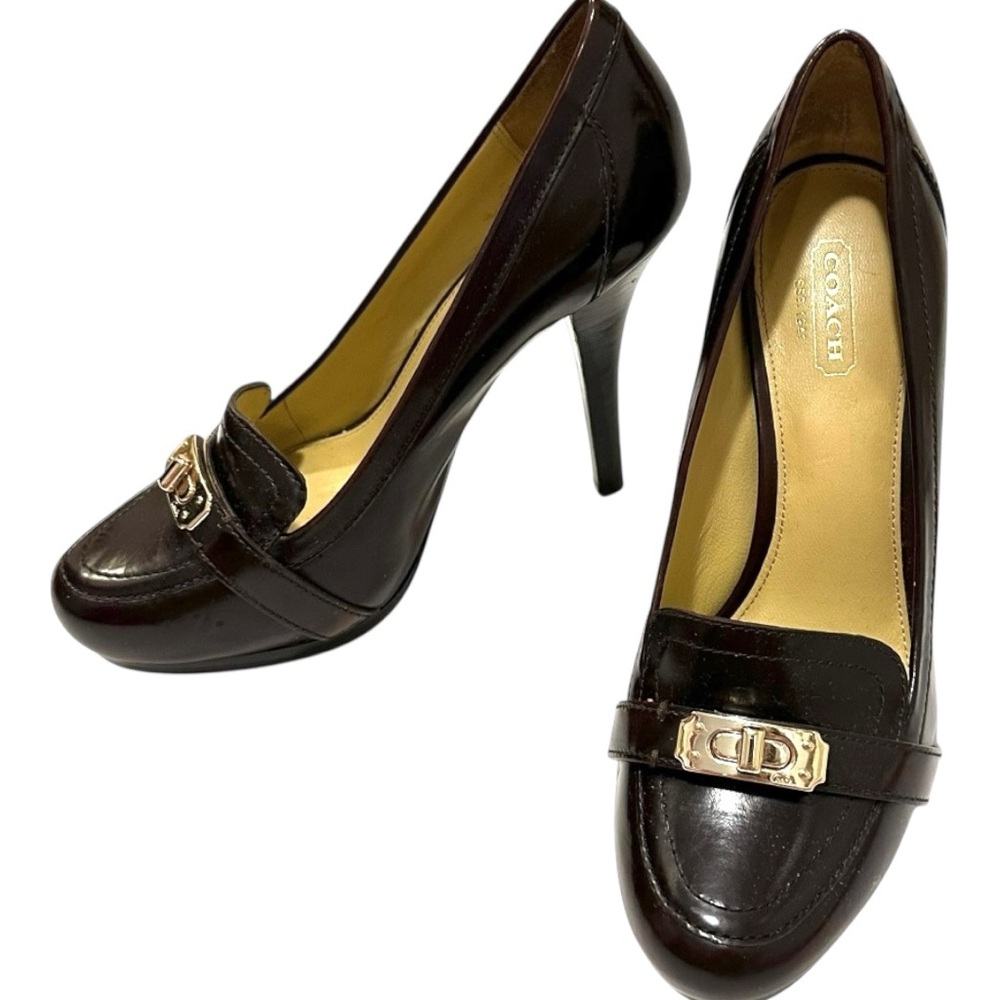 COACH Luisa Dark Brown Gold Logo Toggle Platform Heels Pumps 7.5 - Picture 3 of 16